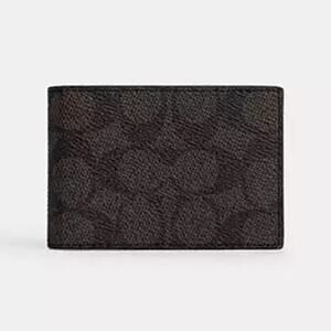 Coach Compact Billfold Wallet In Signature Canvas Mahogany Black